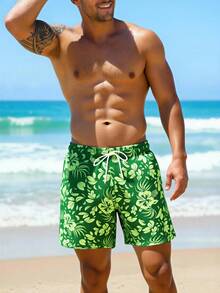 Zalmeno Men's Elastic Waist Drawstring Casual All-Over Print Loose Beach Pants - Army Green - View 3