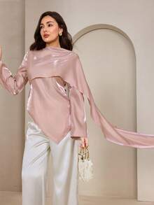 Graceveil Bộ 2 món áo kiểu lệch vai bằng satin dành cho nữ và quần ống rộng. - Hồng - Xem 6