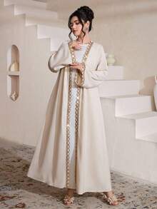 Yasmyna Áo Abaya Ả Rập thanh lịch dành cho nữ, màu mơ, chất liệu satin acetate, viền ren, thích hợp cho mùa xuân/hè. - Màu be - Xem 6