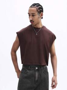 SUMWON 男士无袖背心，背面绣有纽约字样，圆领纯棉休闲夏季街头风肌肉T恤 - 棕色 - 查看 4