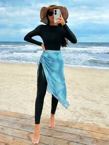 SHEIN Swim Shayni Bộ áo liền quần dài tay cổ tròn màu trơn và chân váy dây rút màu xanh dương dành cho nữ. - Màu xanh lam - Xem 5