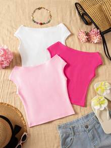 Sparklyn 3pcs/Set Girls' Off-Shoulder Snug Fit T-Shirts, Vacation Style, Multicolor - Multicolor - View 2