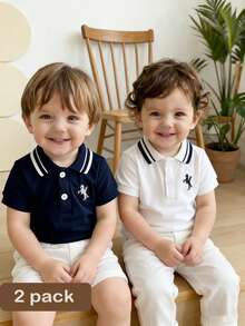 Souflis Souflis 2pcs/Set Summer Casual Solid Color Embroidered Polo Collar Baby Boy Tops Set - Multicolor - View 8