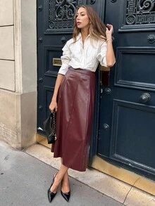 Pariaura Women's Burgundy Pu Leather Zipper And A-Line Halloween Costume Party Elegant Skirt For Party Wedding Guest Skirt For Women Going Out Winter For Women Elegant Party Autumn Winter Christmas Skirt Fall For Women Chic Classy For Women Skirt - Burgundy - View 7