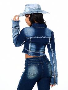 SUMWON WOMEN 做旧拼接牛仔短款拉链夹克，毛边下摆细节，秋冬外套 - 藍色 - 查看 2