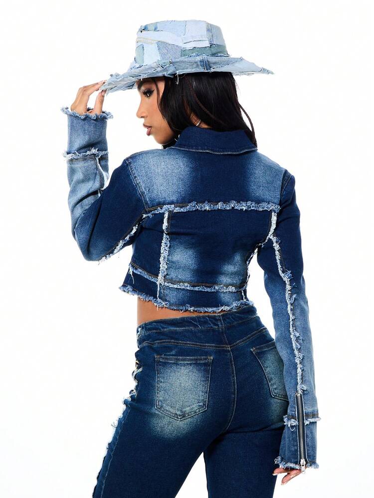 SUMWON WOMEN 빈티지 느낌의 패치워크 데님 크롭 재킷