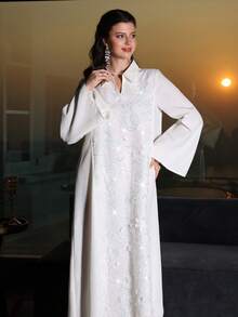 Yasmyna Stand Collar Sequins Embroidered Textured Solid Color Dress - White - View 3