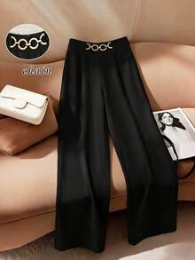 Franclia Women's Black Elegant Suit Trousers, Black Trousers, Chain Trousers, Black Dress Pants, Chain Dress Pants, Women's Casual Trousers, Women's Vacation Trousers, New Year Trousers, Elegant Trousers, Beach Trousers, Fashionable Chain Trousers, Casual And Versatile Trousers, Valentine's Day Romantic Date Trousers, Commuter Fashion Trousers, Fashionable Going-Out Trousers - Black - View 3