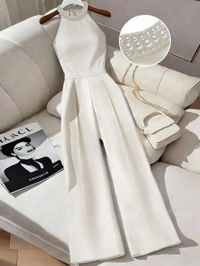 Franclia Elegant & Fashionable Solid Color Pearl Halter Tie Front Jumpsuit For Women