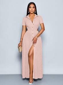 SOLERSUN 女士优雅V领纹理面料开襟纽扣短袖长裙 - 淺粉色 - 查看 4