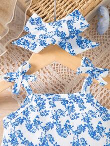 SHEIN 女婴碎花系带吊带连衣裙 - 藍色 - 查看 6