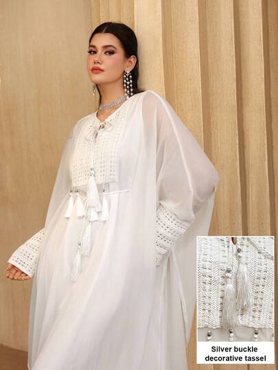 SHEIN Najma Crew Neck Tassel Tie Waist Long Sleeve Split Hem Maxi Dress, Turkish & Arabic Traditional Style