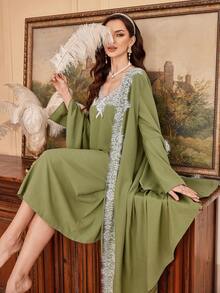 SHEIN Women's Palace Style Textured Jacquard Comfortable Spaghetti Strap Long Nightgown And Robe 2 Pieces Set - Olive Green - View 4