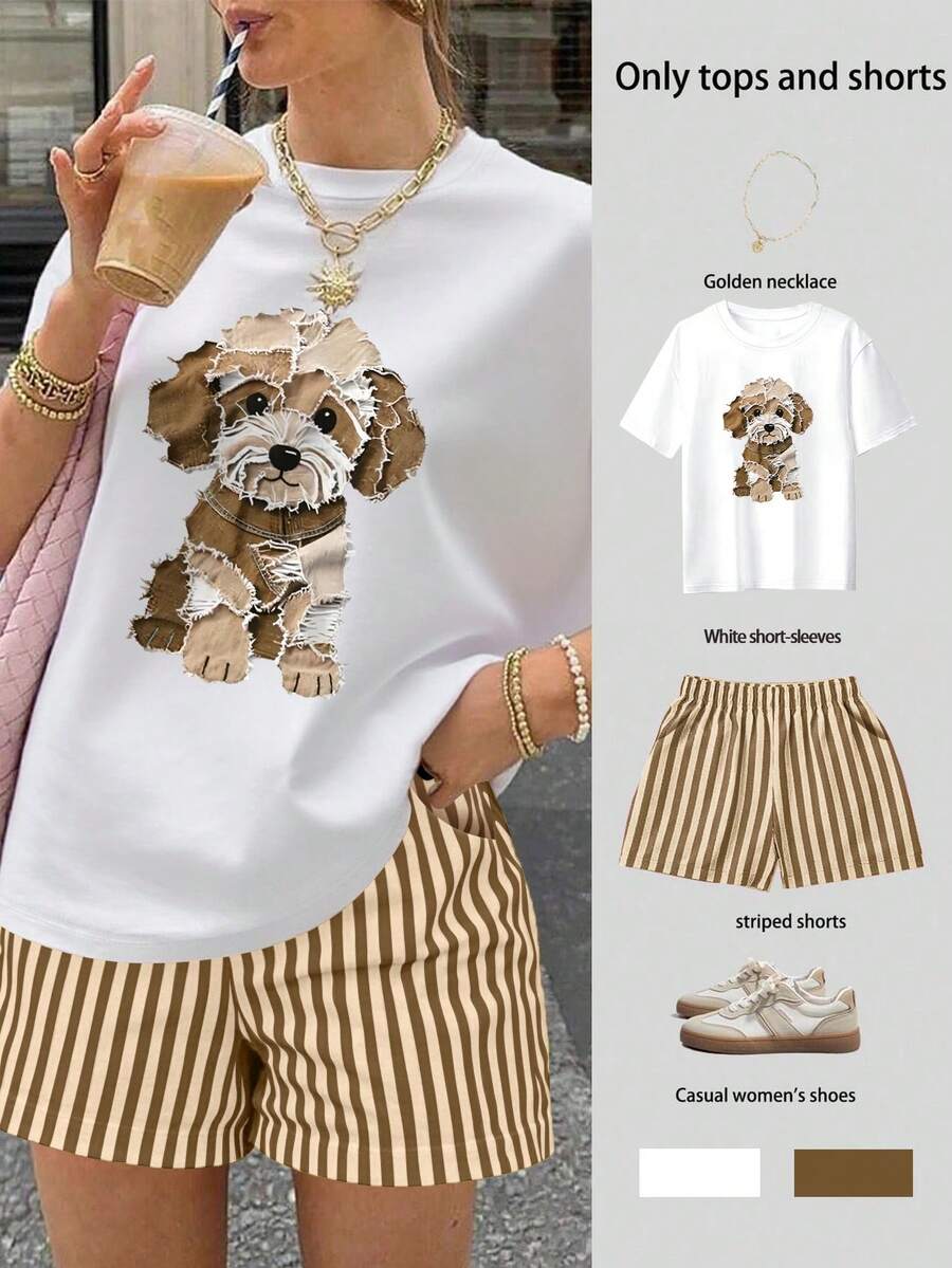 EMERY ROSE Bộ 2 món gồm áo thun và quần short in hình chó dành cho nữ, kiểu dáng thường ngày. - trắng - Xem 1
