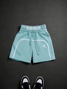 PAVTROS Quần short thể thao nam thường ngày có dây rút và họa tiết in trên cạp quần. - Màu xanh nhạt - Xem 1