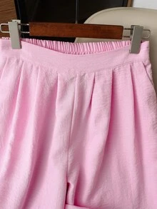 GlowEve 女士宽松阔腿裤，松紧腰带，垂坠设计，优雅百搭，适合工作、上学、度假、旅行、休闲穿着，春夏皆宜。 - 粉色 - 查看 3