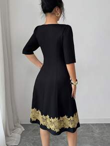 SHEIN ChicEase Women's Black Scoop Neck Floral Lace Patchwork Midi Dress - Black - View 2