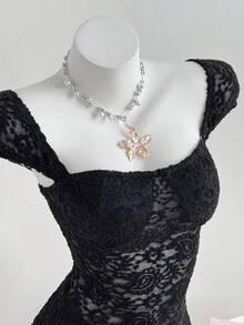 Elamini 女士提花针织腰果花纹理收腰连衣裙 - 黑色 - 查看 1