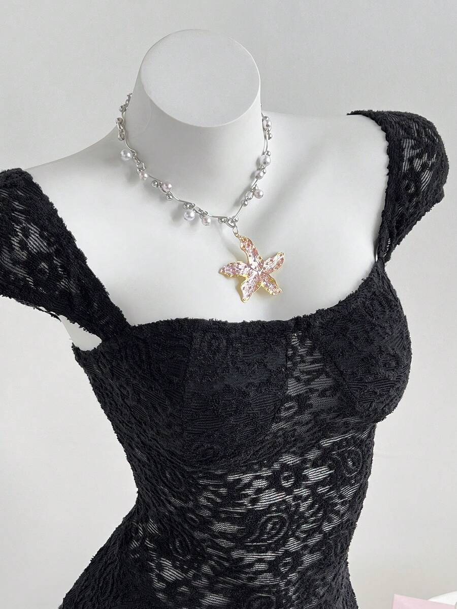 Elamini 女士提花针织腰果花纹理收腰连衣裙 - 黑色 - 查看 1