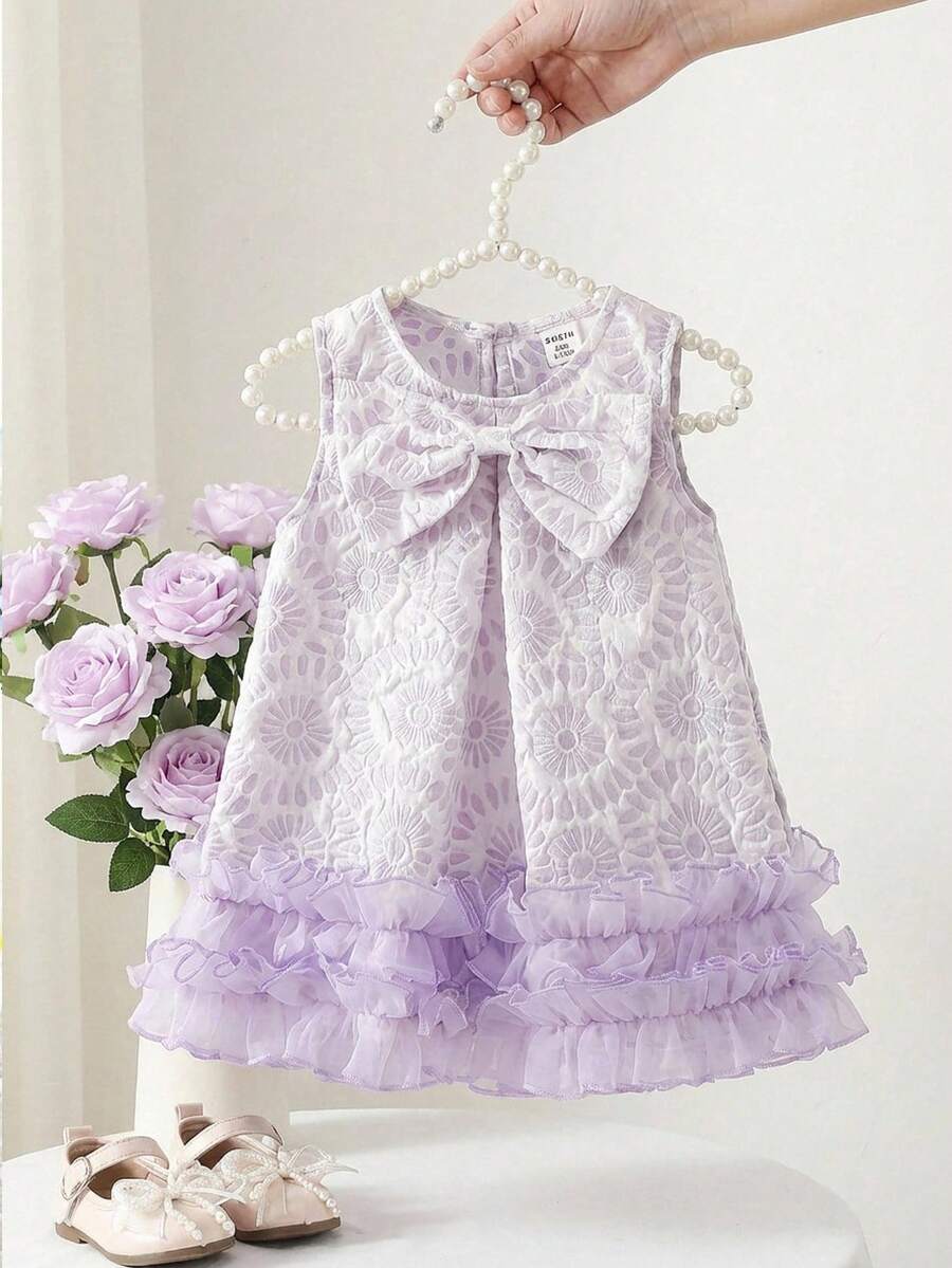 SHEIN Baby Girls' Elegant Sleeveless Bow Decor Ruffle Mesh Dress, Minimalist Fashion For Spring/Summer - Mauve Purple - View 1