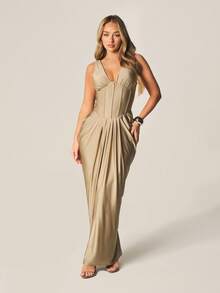MISSGUIDED Slinky Corset Ruched Draped V-Neck Sleeveless Maxi Dress With Bodycon Fit For Evening Party - Khaki - View 1