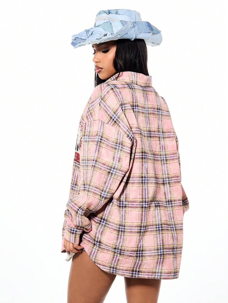 SUMWON WOMEN Oversized Plaid Button Down Shirt With Louisiana Graphic