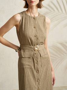 Airaco Women's Casual Everyday/Work Commute Striped Print Flap Pocket Belted Sleeveless Dress, Summer - Brown - View 5