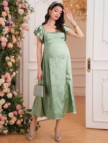 Momance D 孕妇连衣裙，方领，荷叶袖，绿色纹理面料，春夏款 - 綠色 - 查看 5