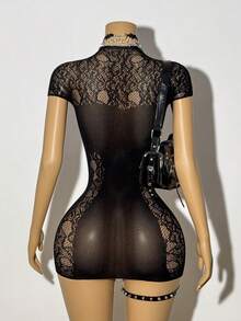 SHEIN DivaQ Women's Sexy Black Jacquard Cap Sleeve Bodycon Dress - Black - View 2