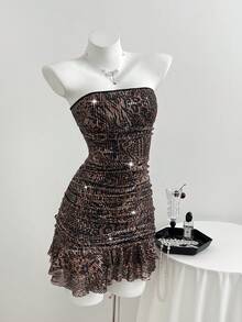 SHEIN Unity Women's Leopard Print Rhinestone Decor Bodycon Mini Dress, Sexy Off-Shoulder Knit Wrap Dress - Brown - View 5
