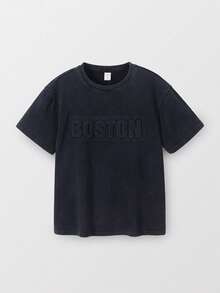 Tween Boy Letter Print Washed Vintage Short Sleeve T-Shirt,Navy Blue,Summer,Casual,School,Back-To-School,Comfortable Fashionable Versatile Soft Kids - Black - View 4