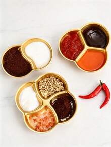 1个不锈钢双格/三格/四格酱料碟，韩式烤肉蘸酱盘，圣诞礼物，学习用品 - 金色 - 查看 4