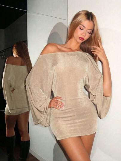 EgrlEra Women's Solid Color Bat Sleeve Pleated Fitted Fashionable Off Shoulder Dress Batwing Sleeve Dress