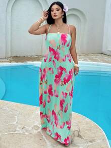 SHEIN SunnyBelle Vestido de talla grande con estampado de color contrastante y tirantes cruzados - verde menta - Ver 4