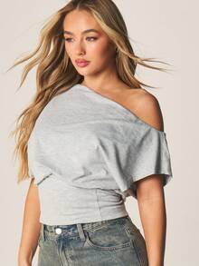 MISSGUIDED 露肩收腰蝙蝠袖针织上衣，宽松版型，适合日常休闲穿着。 - 灰色 - 查看 6