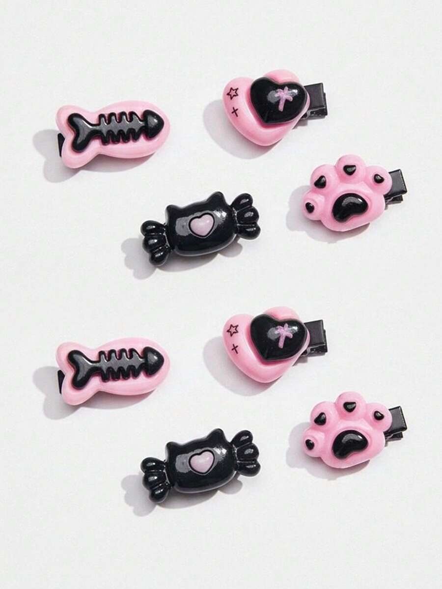 ROMWE Kawaii 4 piezas Clips para el cabello con decoración de pata, lindos clips de garra, pasadores para el cabello - Polvo negro - Ver 1