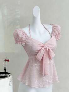 Sweetra 女士法式浪漫粉色衬衫，甜美少女风花瓣袖蝴蝶结领口不规则下摆衬衫，春夏款 - 粉色 - 查看 3