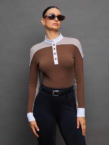 Activina Women's Contrast Button Half-Placket Long Sleeve Equestrian Top - Brown - View 6