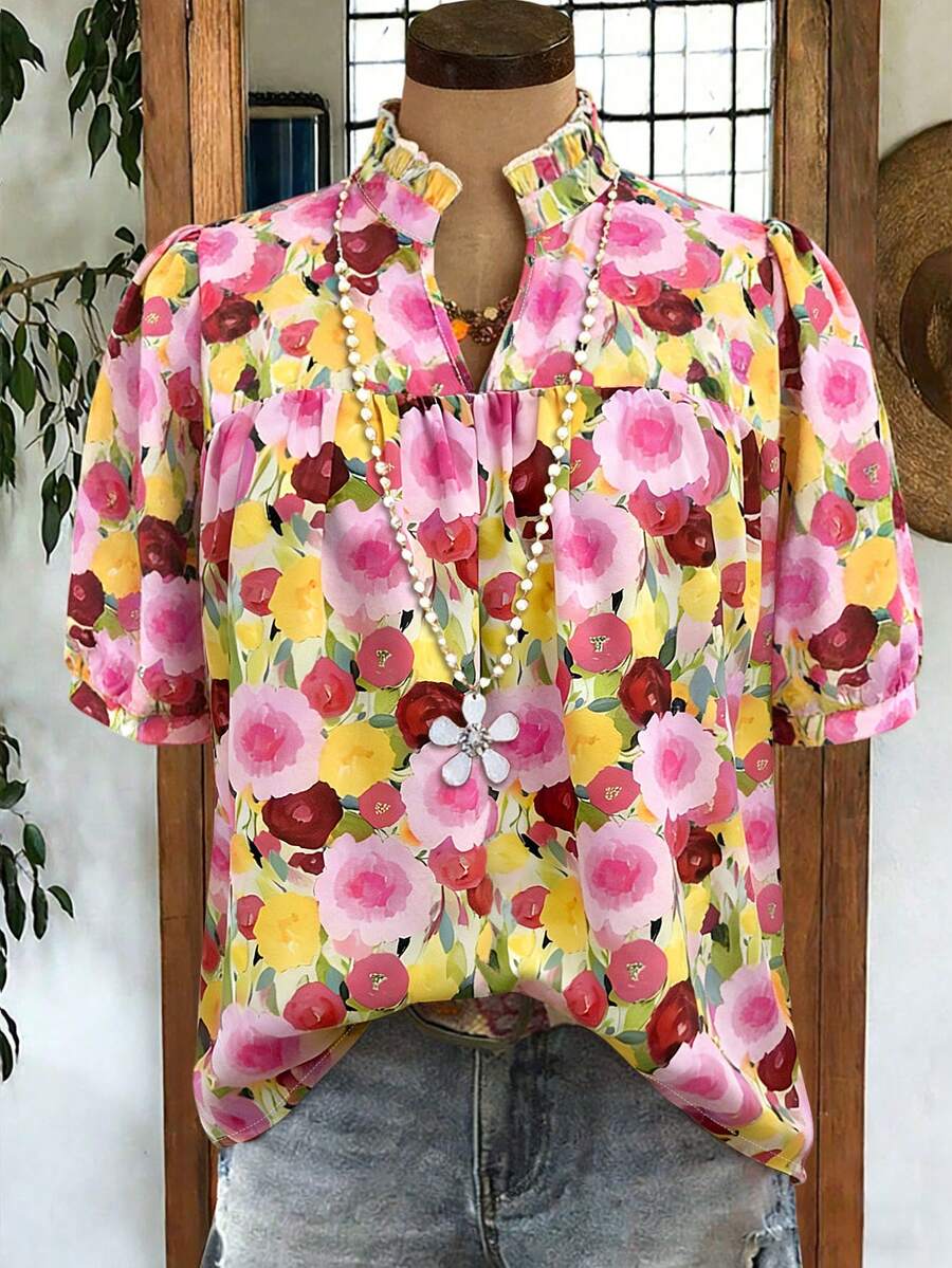 Linhara Large-Sized Woven Casual Vacation Printed Summer Women's Shirt - Pink - View 1