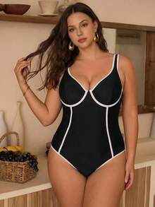 Swim Chiccia Traje de baño de una pieza con recorte de contraste y espalda descubierta, para vacaciones de verano, talla grande - Blanco y Negro - Ver 5