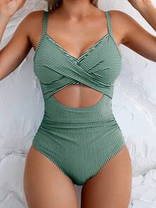 Swim Basics 女士性感连体条纹镂空前系带后背泳衣，夏季 - 墨綠色 - 查看 4