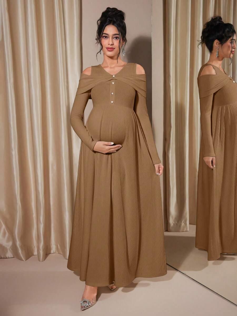 Momance Vestido midi de línea A de punto acanalado con botones y mangas raglán para maternidad, primavera/otoño - Café - Ver 1