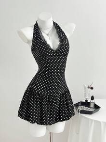 Elamini 女士波点撞色蕾丝收腰深V领连衣裙 - 黑色 - 查看 3