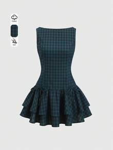 Sweetra Minimalist Stylish Collegiate Patterned Design Summer Dress With Layered Hem And Bow Accent, Versatile For Commute And Casual Wear - Multicolor - View 1