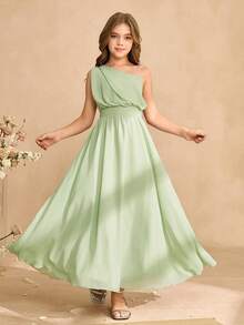 SHEIN Đầm maxi xòe thanh lịch cho bé gái tuổi teen, chất liệu chiffon, dây mảnh, eo thắt và khóa kéo phía sau, thích hợp mặc hàng ngày, dự tiệc, đám cưới, làm phù dâu, mùa xuân/hè. - màu xanh lá - Xem 7