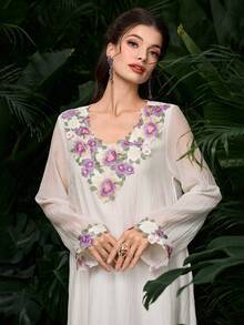 Al Najma Đầm nữ dáng rộng tay dài, xòe, viền ren hoa, thanh lịch. - Màu be - Xem 3
