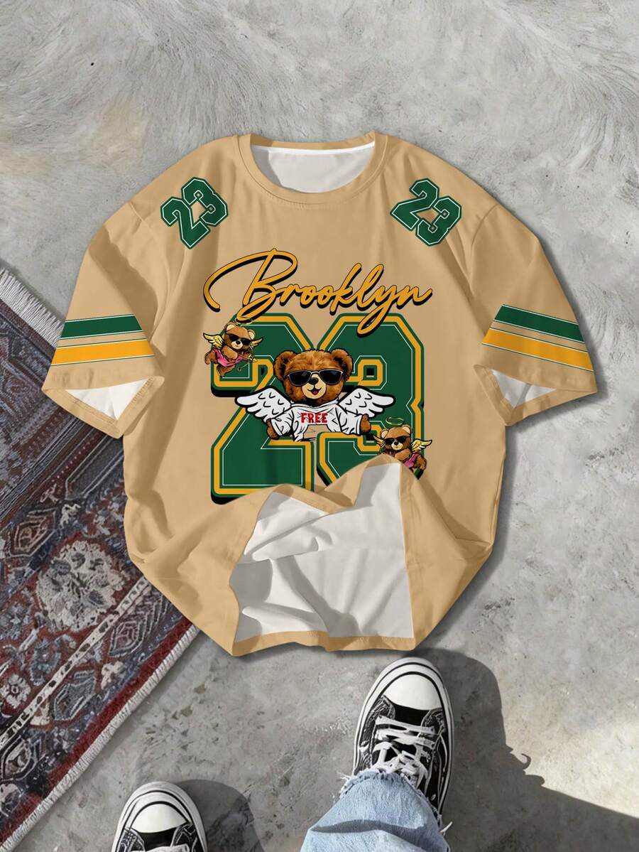 Aesthetic Post 男士休闲字母熊印花圆领短袖T恤，夏季 - 彩色 - 查看 1