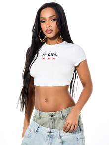 SUMWON WOMEN IT Girl Crop Top Graphic Print Short Sleeve Baby Tee Casual Summer Chest Print Ribbed Cotton Blend Fashion Statement Piece - White - View 5