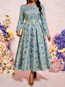 Fleurora 秋冬季优雅端庄派对婚礼音乐会/音乐节鸡尾酒会圣诞节彩色提花编织圆领喇叭形舞会礼服长袖大码连衣裙 - 霧霾藍 - 查看 3