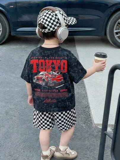 SHEIN 2pcs/Set Toddler Boys' Fashion Casual Racing Car Pattern Black Tie-Dye Short Sleeve T-Shirt And Checkerboard Shorts Set, Spring/Summer Baby Boy Clothes, Outfits, Streetwear Race Car Toddler Outfit Boy Summer Sets